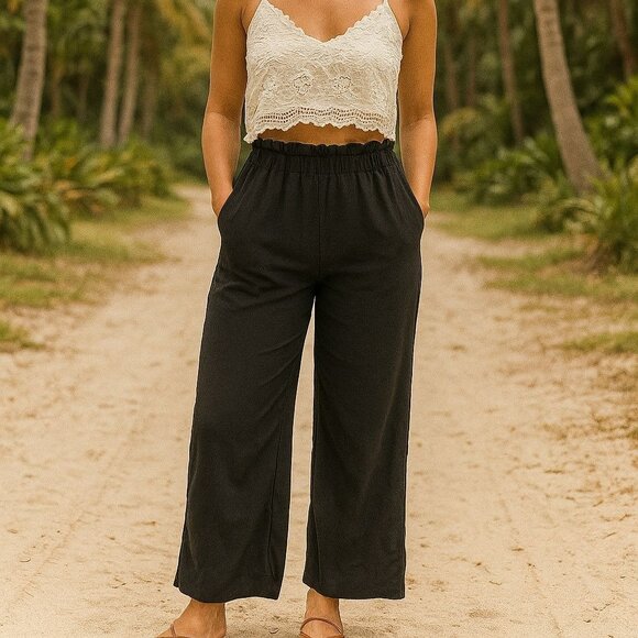 Ci Sono Cavalini M Paperbag Waist Rayon Collection Casual Wide Leg Pants Pockets - Picture 1 of 12